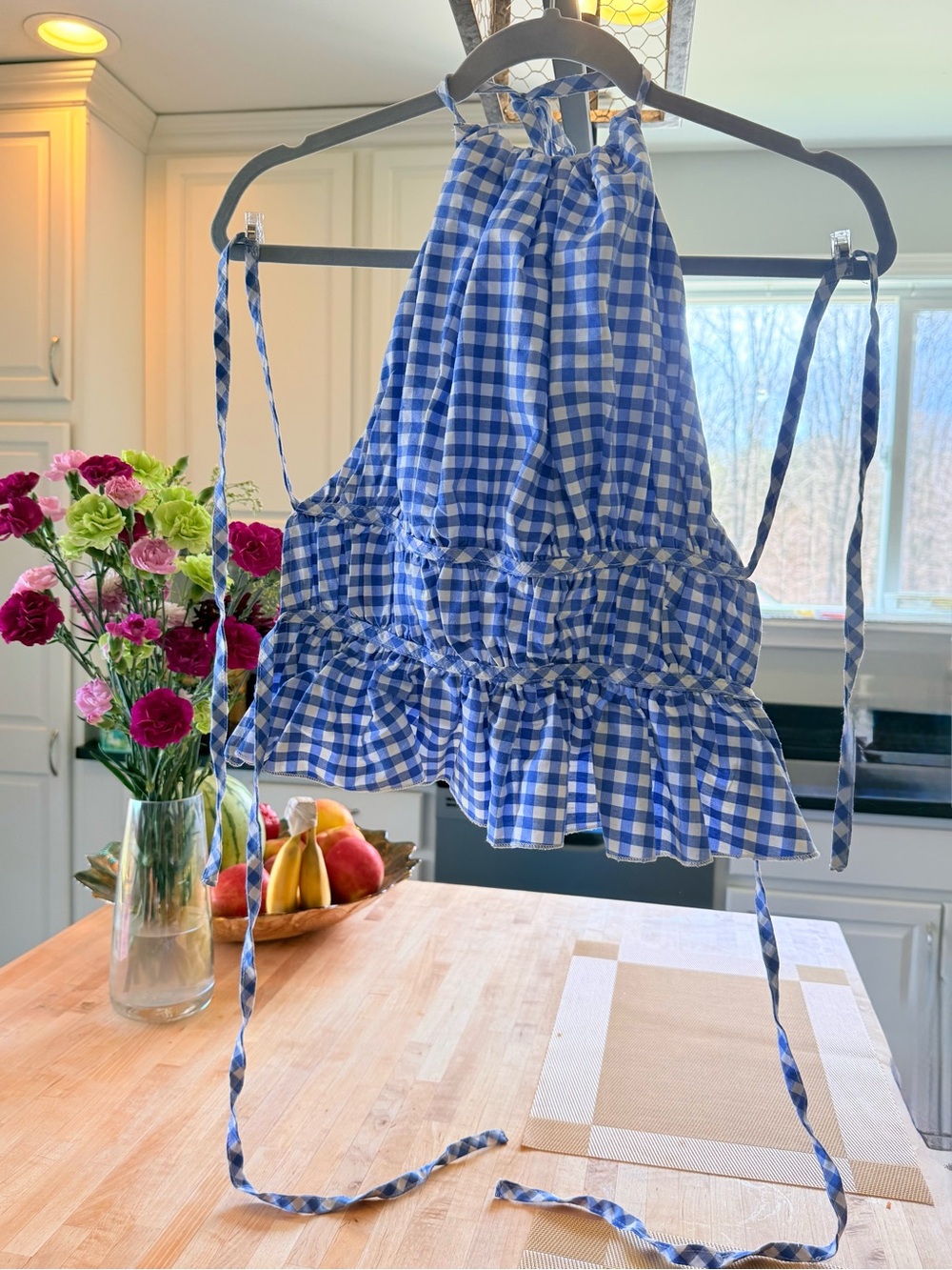 SHEIN Blue White Gingham Halter Ruffle Crop Top $8